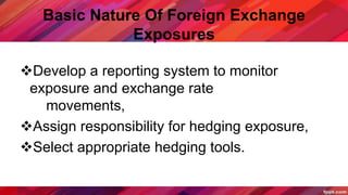 Basic Nature Of Foreign Exchange
Exposures
Develop a reporting system to monitor
exposure and exchange rate
movements,
Assign responsibility for hedging exposure,
Select appropriate hedging tools.
 