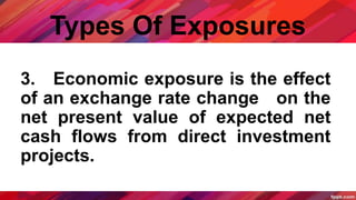 Types Of Exposures
3. Economic exposure is the effect
of an exchange rate change on the
net present value of expected net
cash flows from direct investment
projects.
 