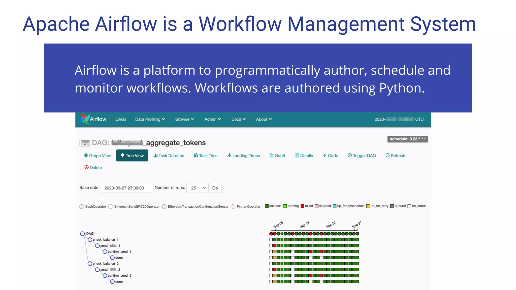 Apache Airﬂow is a Workﬂow Management System
Airﬂow is a platform to programmatically author, schedule and
monitor workﬂows. Workﬂows are authored using Python.
 