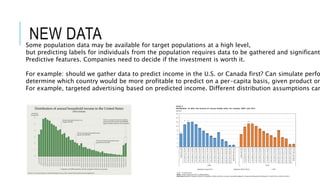NEW DATASome population data may be available for target populations at a high level,
but predicting labels for individuals from the population requires data to be gathered and significant
Predictive features. Companies need to decide if the investment is worth it.
For example: should we gather data to predict income in the U.S. or Canada first? Can simulate perfo
determine which country would be more profitable to predict on a per-capita basis, given product or
For example, targeted advertising based on predicted income. Different distribution assumptions can
 