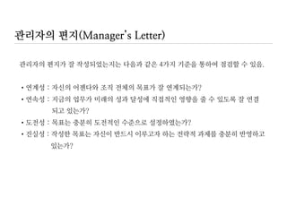 상사의 전략적 어젠다
•올바른 프로세스
•효율성
•고품질
•팀웍
•개인 역량 개발
•조직 역량 배양
•필요 장비 확보
•필요 자원 확보
•주요 내외부 고객 기대 충족
•환경 변화에 따른 조직 전략적
목표와 고객의 우선순위에 융통성
있게 대응할 수 있는 조직구조
목표 달성
과업 관리 역량 배양
 