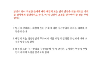 적대적 성향
(Counterdependency)
무조건적 의존성향
(Dependency)
무의식적으로 상사의 권위에 적
대적 반응을 보임. 대부분 대화
를 논쟁으로 이끔
상사가 잘못된 결정을 내리더
라도 분노를 삼키고 순응하는
태도를 취함.
어떤 경우에도 피하여야 할 두가지 성향
 