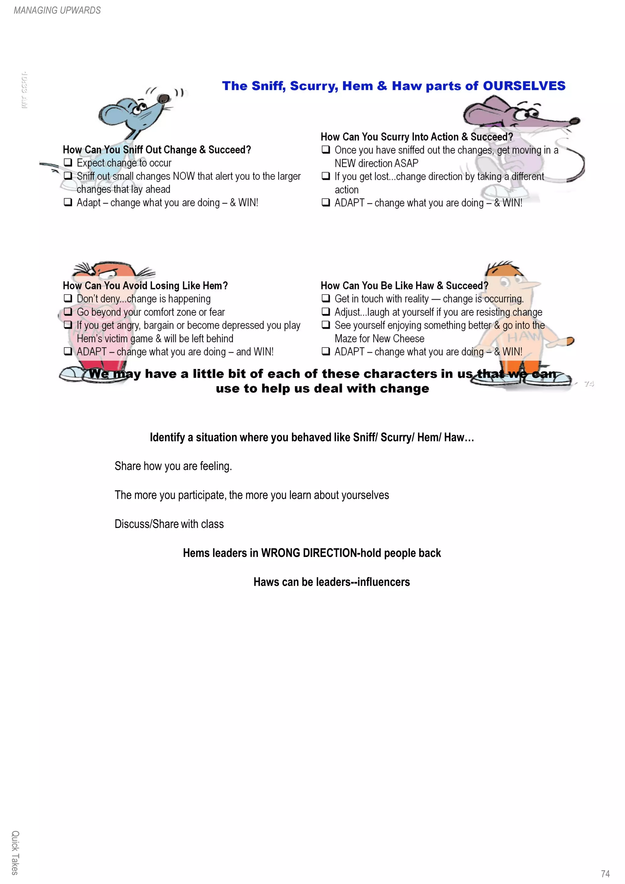 QuickTakesMANAGING UPWARDS
Identify a situation where you behaved like Sniff/ Scurry/ Hem/ Haw…
Share how you are feeling.
The more you participate, the more you learn about yourselves
Discuss/Share with class
Hems leaders in WRONG DIRECTION-hold people back
Haws can be leaders--influencers
74
 