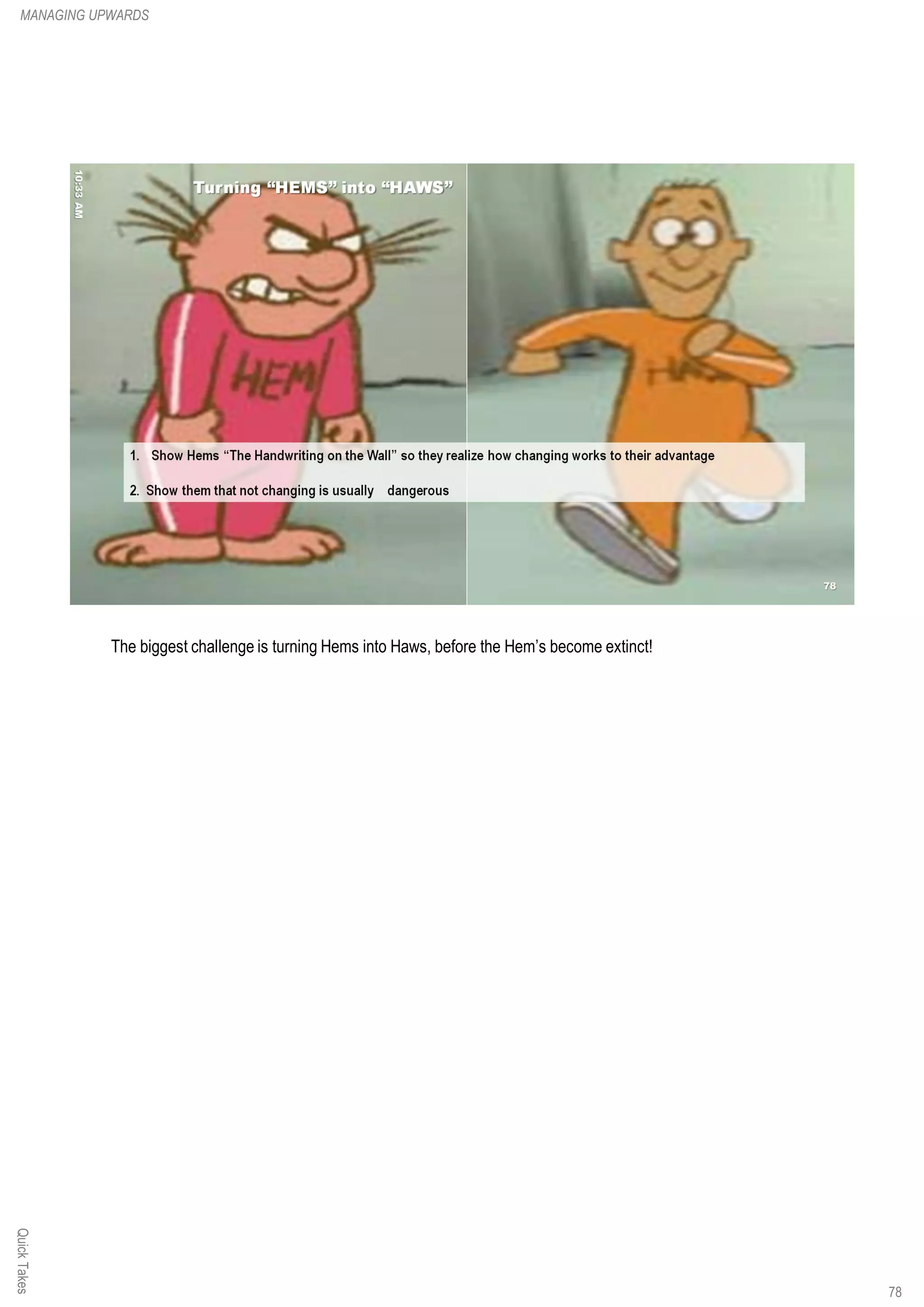 QuickTakesMANAGING UPWARDS
The biggest challenge is turning Hems into Haws, before the Hem’s become extinct!
78
 