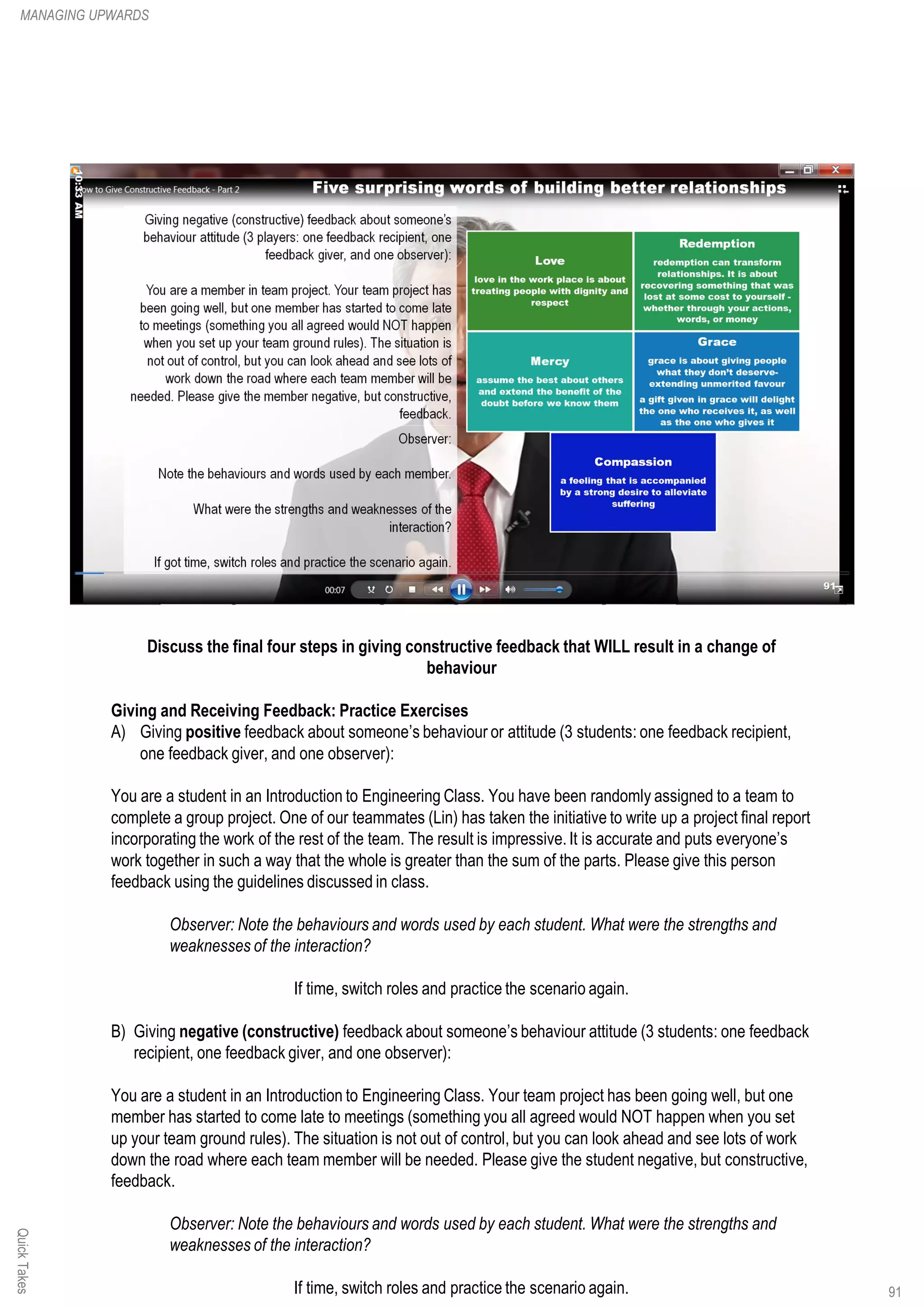 Discuss the final four steps in giving constructive feedback that WILL result in a change of
behaviour
Giving and Receiving Feedback: Practice Exercises
A) Giving positive feedback about someone’s behaviour or attitude (3 students: one feedback recipient,
one feedback giver, and one observer):
You are a student in an Introduction to Engineering Class. You have been randomly assigned to a team to
complete a group project. One of our teammates (Lin) has taken the initiative to write up a project final report
incorporating the work of the rest of the team. The result is impressive.It is accurate and puts everyone’s
work together in such a way that the whole is greater than the sum of the parts. Please give this person
feedback using the guidelines discussed in class.
Observer: Note the behaviours and words used by each student. What were the strengths and
weaknesses of the interaction?
If time, switch roles and practice the scenario again.
B) Giving negative (constructive) feedback about someone’s behaviour attitude (3 students: one feedback
recipient, one feedback giver, and one observer):
You are a student in an Introduction to Engineering Class. Your team project has been going well, but one
member has started to come late to meetings (something you all agreed would NOT happen when you set
up your team ground rules). The situation is not out of control, but you can look ahead and see lots of work
down the road where each team member will be needed. Please give the student negative, but constructive,
feedback.
Observer: Note the behaviours and words used by each student. What were the strengths and
weaknesses of the interaction?
If time, switch roles and practice the scenario again.
QuickTakesMANAGING UPWARDS
91
 