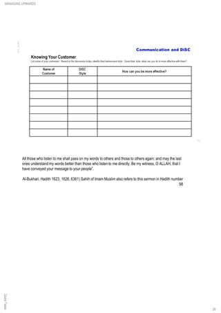 QuickTakes
All those who listen to me shall pass on my words to others and those to others again; and may the last
ones understand my words better than those who listen to me directly. Be my witness, O ALLAH, that I
have conveyed your message to your people”.
Al-Bukhari, Hadith 1623, 1626, 6361) Sahih of Imam Muslim also refers to this sermon in Hadith number
98
MANAGING UPWARDS
29
 