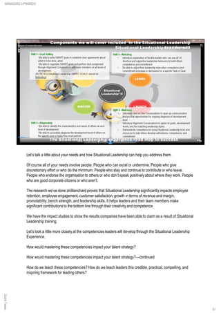Let’s talk a little about your needs and how Situational Leadership can help you address them.
Of course all of your needs involve people. People who can excel or undermine. People who give
discretionary effort or who do the minimum. People who stay and continue to contribute or who leave.
People who endorse the organisation to others or who don’t speak positively about where they work. People
who are good corporate citizens or who aren’t.
The research we’ve done at Blanchard proves that Situational Leadership significantly impacts employee
retention, employee engagement, customer satisfaction, growth in terms of revenue and margin,
promotability,bench strength, and leadership skills. It helps leaders and their team members make
significant contributions to the bottom line through their creativity and competence.
We have the impact studies to show the results companies have been able to claim as a result of Situational
Leadership training.
Let’s look a little more closely at the competencies leaders will develop through the Situational Leadership
Experience.
How would mastering these competencies impact your talent strategy?
How would mastering these competencies impact your talent strategy?—continued
How do we teach these competencies?How do we teach leaders this credible, practical, compelling, and
inspiring framework for leading others?
QuickTakes
41
MANAGING UPWARDS
 