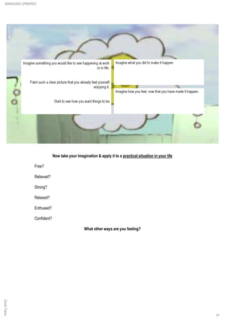 Now take your imagination & apply it to a practical situation in your life
Free?
Relieved?
Strong?
Relaxed?
Enthused?
Confident?
What other ways are you feeling?
QuickTakesMANAGING UPWARDS
81
 