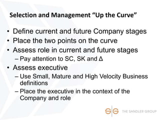 Selection and Management “Up the Curve”
• Define current and future Company stages
• Place the two points on the curve
• Assess role in current and future stages
– Pay attention to SC, SK and Δ
• Assess executive
– Use Small, Mature and High Velocity Business
definitions
– Place the executive in the context of the
Company and role
 
