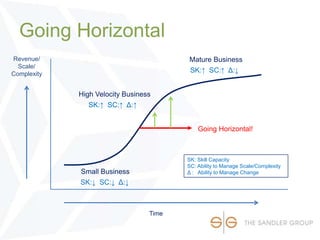 Going Horizontal
Revenue/
Scale/
Complexity
Time
Small Business
High Velocity Business
Mature Business
SK: Skill Capacity
SC: Ability to Manage Scale/Complexity
Δ : Ability to Manage Change
SK:↑ SC:↑ Δ:↓
SK:↑ SC:↑ Δ:↑
SK:↓ SC:↓ Δ:↓
Going Horizontal!
 