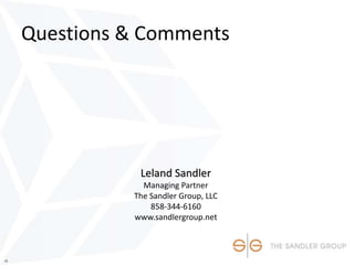 15
Questions & Comments
Leland Sandler
Managing Partner
The Sandler Group, LLC
858-344-6160
www.sandlergroup.net
 