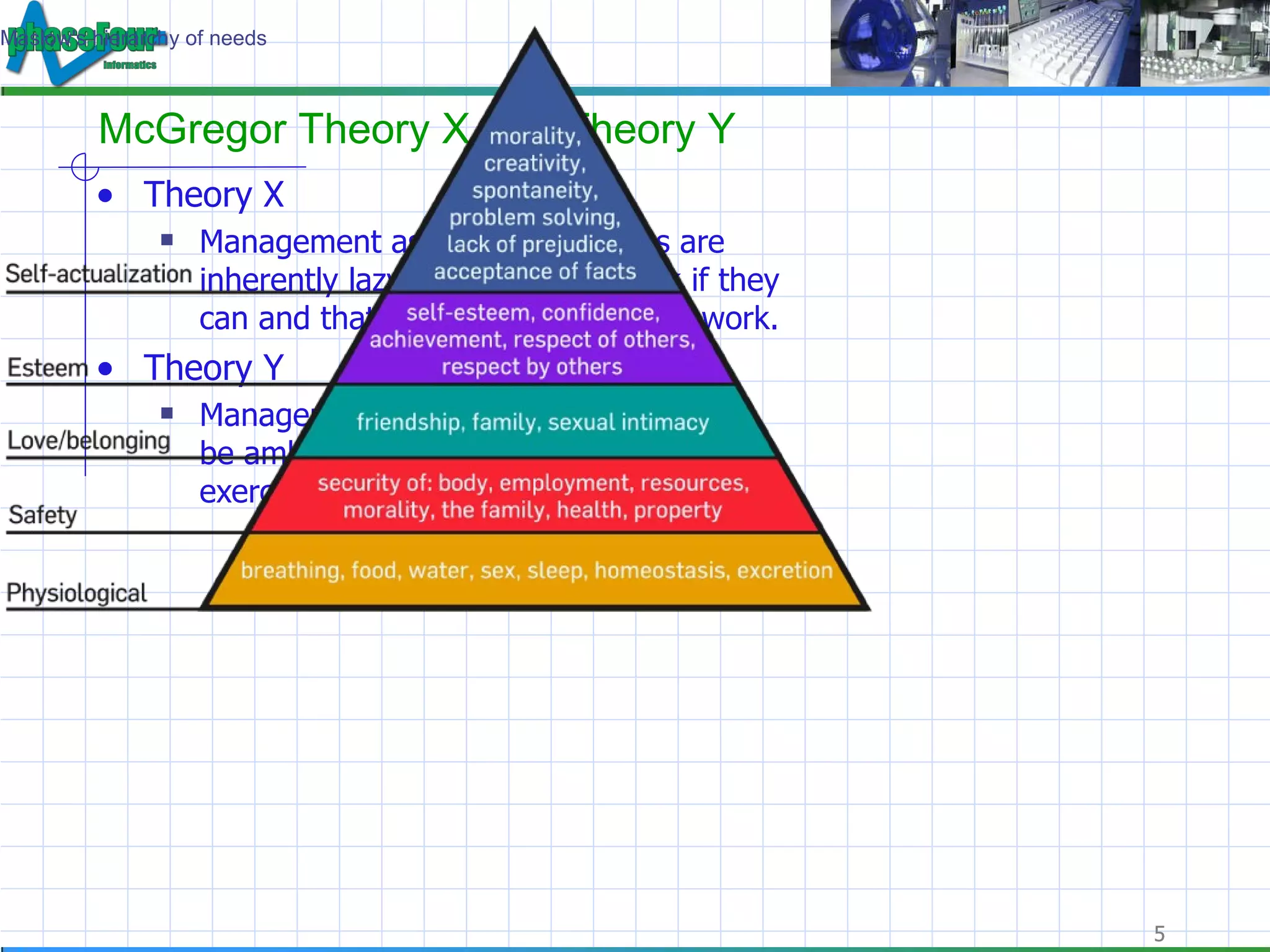 McGregor Theory X and Theory Y Theory X Management assumes employees are inherently lazy and will avoid work if they can and that they inherently dislike work. Theory Y Management assumes employees may be ambitious and self-motivated and exercise self-control. Maslow's hierarchy of needs 