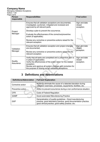 Company Name
Managing Validation Exceptions
Edition: 1.00
Page 4 of 6
     Person              Responsibilities                                               Final action
     responsible

                         Ensures that all validation exceptions are documented,         Sign and date
                         investigated, auctioned, mitigated and reviewed and            closed
                         approved by all relevant parts.                                exception.

     Project             Develop a plan to prevent the occurrence.
     Manager             Evaluate the effectiveness of the corrective/preventive
                         action (if applicable);
                         Review any corrective or preventive actions raised for the
                         relevant exception.

                         Ensures that all validation exception and project changes      Sign and date
     Validation          are documented;                                                closed
     Manager                                                                            exception.
                         Review any corrective or preventive actions raised for the
                         relevant exception.

                         Verify that all tasks are completed and a preventive plan is   Sign and date
                         in place (if applicable);                                      closed
     Quality             Verify the effectiveness of the action taken for the related   exception.
     Assurance           exception;
                         Review and approve all system changes and correction for
                         the purpose of closing out all validation exceptions.


                  3 Definitions and Abbreviations
      Definitions/Abbreviation       Full text/ Explanation

                                     Action to eliminate the cause of a detected deviation during
     Corrective action
                                     validation exercises, processes, equipments, facilities, etc.
     Preventive action               Action to prevent occurrence during a non conformance situation.
     CFR                             Code of Federal Regulation
     GAMP                            Good automated Manufacturing Practice
                                     Generalization of quality guidelines - Good manufacturing
     GXP                             practice, good laboratory practice, good documentation practice,
                                     good clinical practice, good safety practice, etc.
 