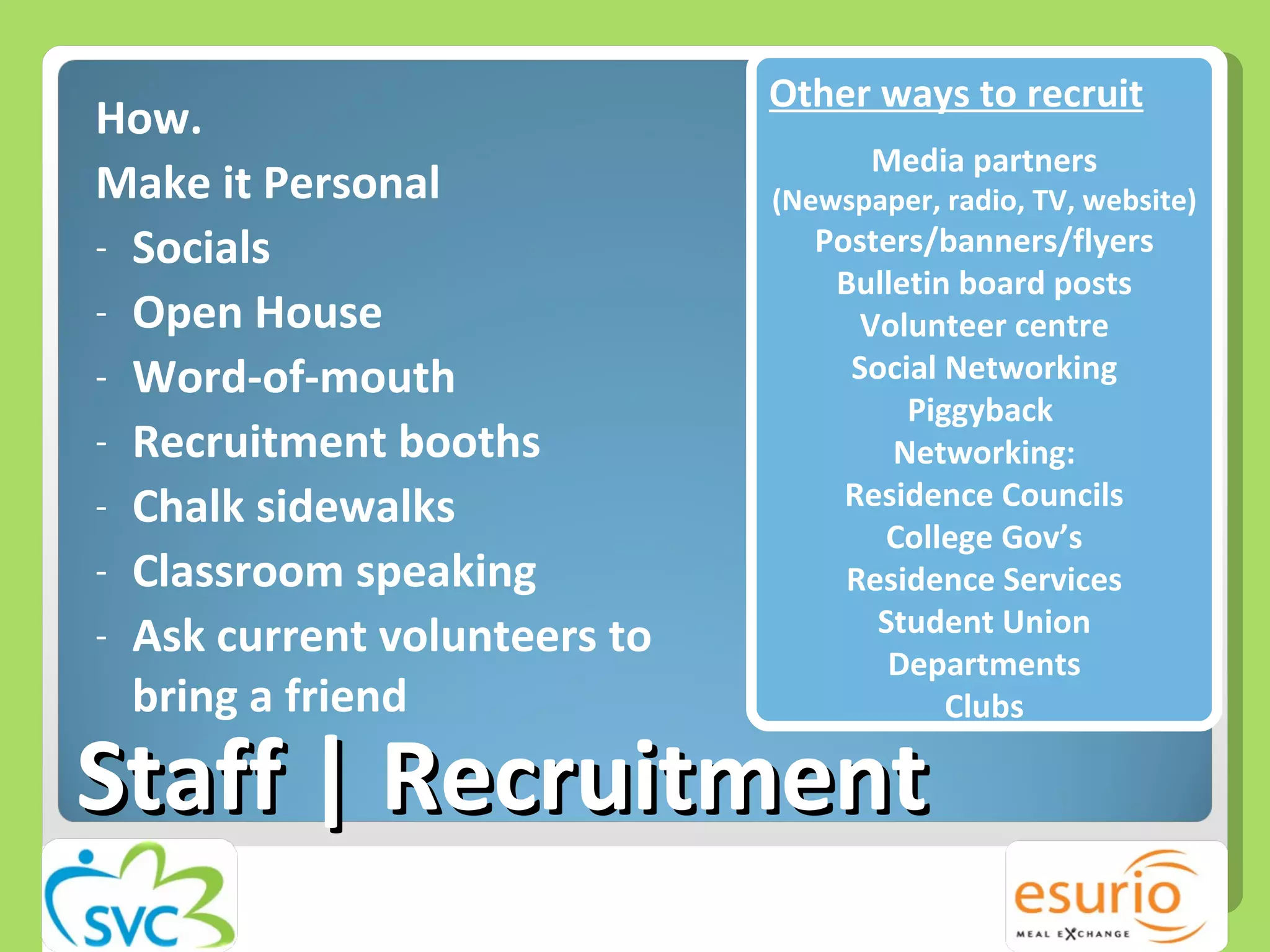 How. Make it Personal  Socials Open House Word-of-mouth Recruitment booths Chalk sidewalks Classroom speaking Ask current volunteers to bring a friend  Staff | Recruitment Other ways to recruit Media partners (Newspaper, radio, TV, website) Posters/banners/flyers Bulletin board posts Volunteer centre Social Networking Piggyback  Networking: Residence Councils College Gov’s Residence Services Student Union Departments Clubs 