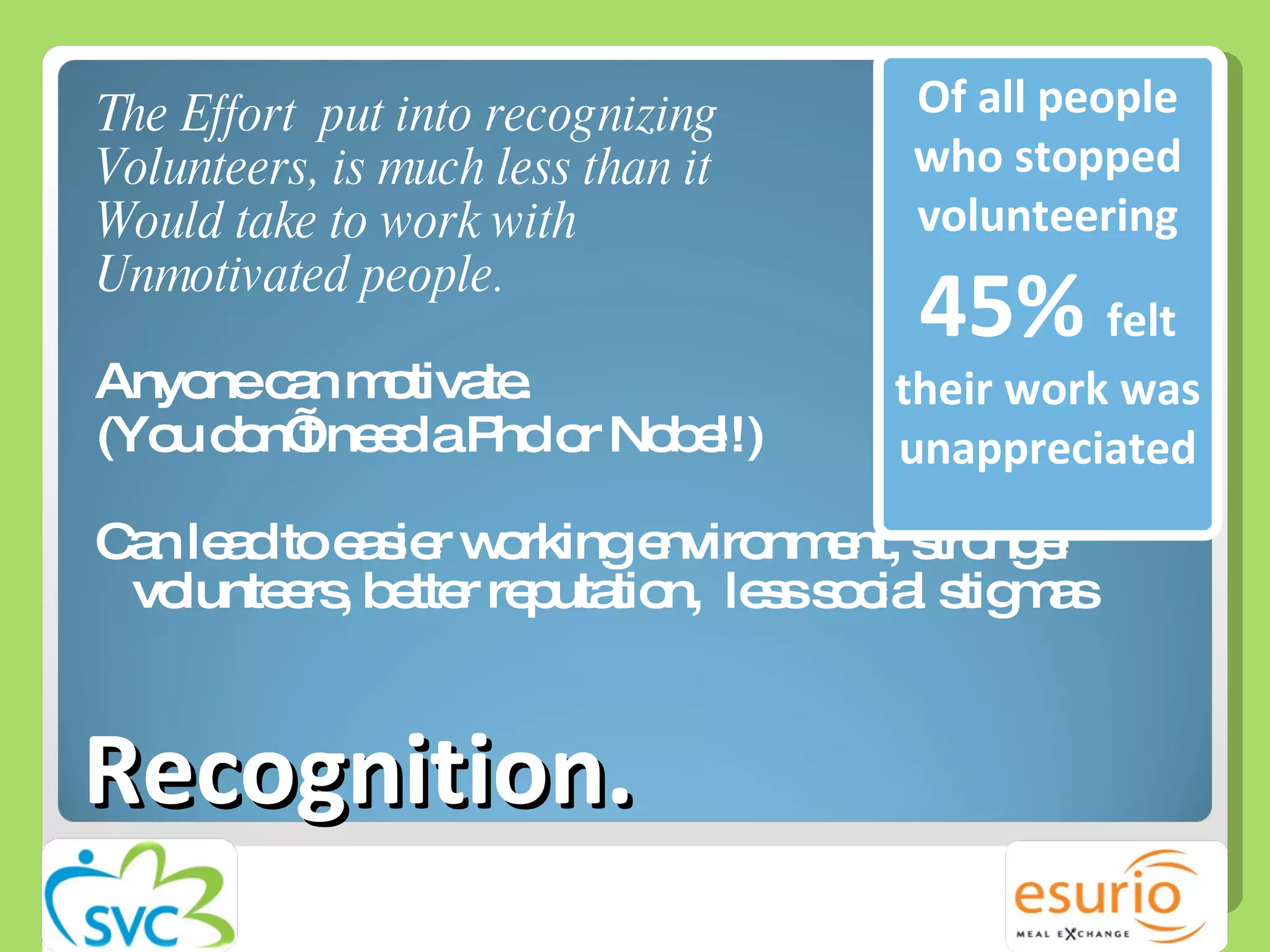 Recognition. The Effort  put into recognizing  Volunteers, is much less than it  Would take to work with  Unmotivated people. Anyone can motivate. (You don’t need a Phd or Nobel!) Can lead to easier working environment, stronger volunteers, better reputation,  less social stigmas  Of all people who stopped volunteering  45%  felt their work was unappreciated 