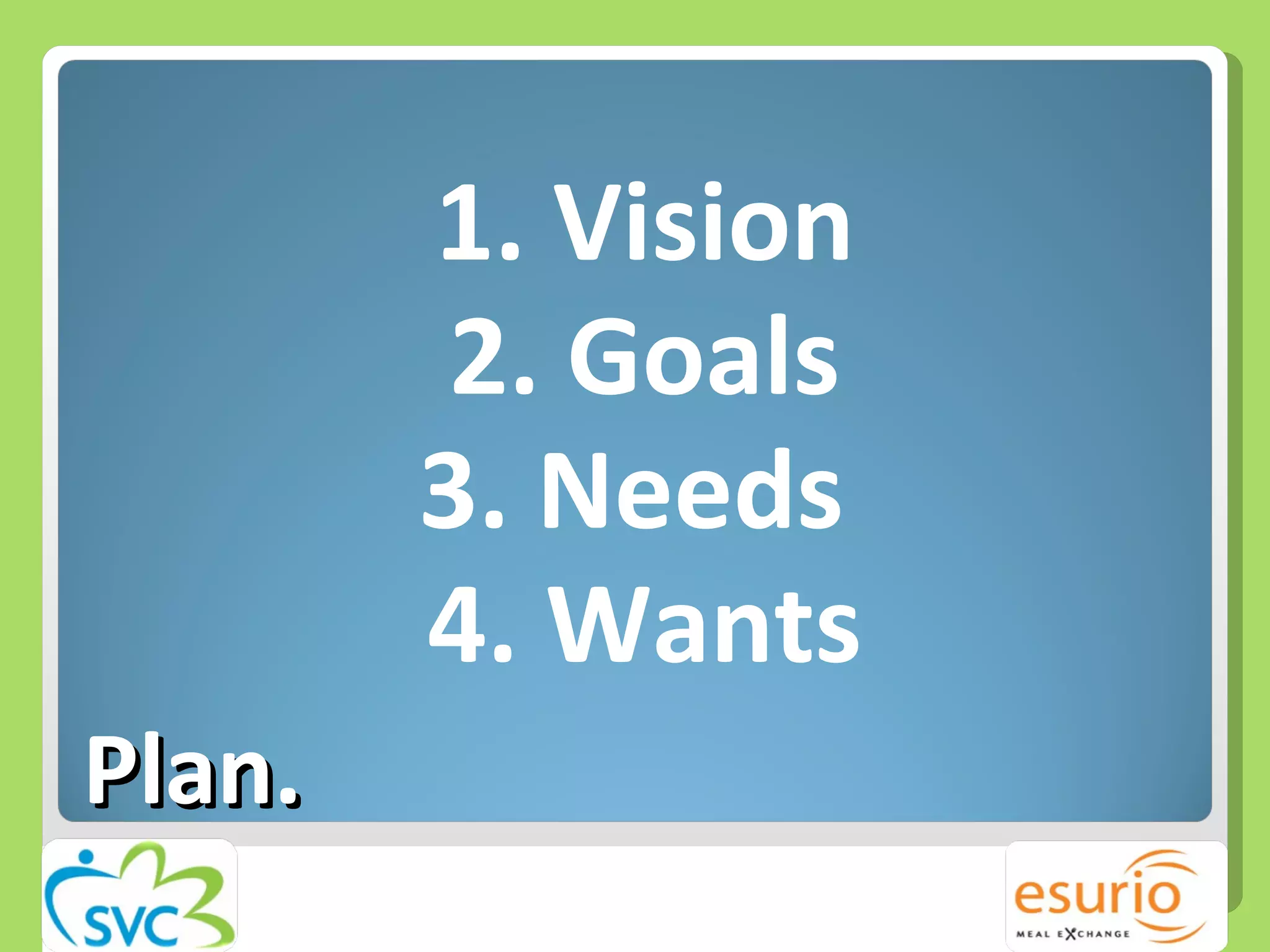 Plan. 1. Vision 2. Goals 3. Needs  4. Wants 