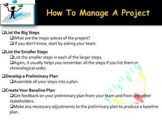  What is it you are supposed to accomplish by managing this project? 
