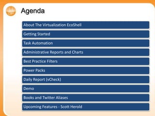 AgendaAbout The Virtualization EcoShell Getting StartedTask AutomationAdministrative Reports and ChartsBest Practice FiltersPowerPacksDaily Report (vCheck)DemoTwitter AliasesUpcoming Features - Scott Herold
