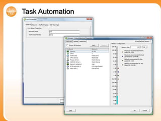 Task AutomationReduce errors from manual processes across multiple areas of responsibility through the script-based administration of repetitive and complex tasks inherent in virtualization infrastructures.