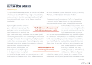 15
LEAVE NO STONE UNTURNED
HURRICANE EMERGENCIES
at 3 AM to take showers if they desired. We filled as many bottles
of water as we could find. Then we put large barrels outside to
collect water as the plumbing was not going to be working. At
least we would be able to use a bucket of water to push our
waste down.
By morning the storm had come and
gone and created major damage. The
parking lot and the surrounding streets
were flooded up to the bottom of stop
signs. There was no way in and no way out! The power and air
conditioning were off, but at least some emergency outlets were
working in some areas. We had no phones, no SAT phones, and
mobile phone service was spotty. The only thing we had was a
little radio to listen to for updates. Communication and power
were two major problems and we didn’t
have secondary plans for either. The
temperature was about 100 degrees
in the department and we only had
one fan, which we kept rotating from room to room on the red
plugs. Nurses cut off their scrubs to shorts and went sleeveless.
We had to ration food. Our stay lasted from Saturday to Thursday
afternoon, when the CEO was able to lock the doors.
There were so many lessons learned. The first 24 hours before
a storm and the first 24 after a storm are crucial. Be prepared
with water/food for at least 1 week. Have a plan for alternative
bathrooms if you lose your water. Have
more security in your parking lots before
the storm to avoid the elderly drop offs.
Also have adequate staff. Do not cut
back on staff, they may have a quiet few days, but there may also
be a catastrophic event where you will need every one of those
hands. Evacuate all dialysis patients and anyone on ventilators,
have more IV fluids than usual available, more antibiotics, more
of everything. We were able to bring our pets with us, which was
great but was very difficult to care for
especially in that heat. They really
couldn’t go outside for almost 36 hours
with the wind and the rain. If you can
make other arrangements for your pet do it. I was one of those
single people with no nearby family who had to bring the dog and
The first 24 hours before a storm and
the first 24 after a storm are crucial.
A major lesson for me was
remember your vehicles!
Continued...
 