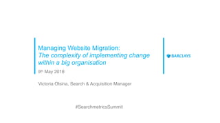 Managing Website Migration:
The complexity of implementing change
within a big organisation
9th May 2018
Victoria Olsina, Search & Acquisition Manager
#SearchmetricsSummit
 