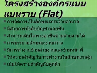 โครงสร้างองค์กรแบบแบนราบ  (Flat) การจัดการเป็นลักษณะกระจายอำนาจ มีสายการบังคับบัญชาน้อยชั้น สามารถเติบโตทางอาชีพข้ามสายงานได้ การบรรยายลักษณะงานกว้าง มีการทำงานข้ามสายงานและข้ามหน้าที่ ให้ความสำคัญกับการทำงานในลักษณะกลุ่ม เน้นให้ความสำคัญกับลูกค้า 