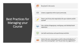 Best Practices for
Managing your
Course
Be present in the course
Create a supportive online course community
Share a set of very clear expectations for your students and for
yourself
Use a variety of large group, small group, and individual work
experience
Use both synchronous and asynchronous activities
Early in the term, about week 3, ask for informal feedback on “
how is the course going?” and “Do you have any suggestions?”
 