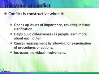 Conflict is constructive when it:
Opens up issues of importance, resulting in issue
clarification.
Helps build cohesiveness as people learn more
about each other.
Causes reassessment by allowing for examination
of procedures or actions.
Increases individual involvement.
HRMATT’s 9th Biennial Conference – May 13th & 14th, 2013 14
 