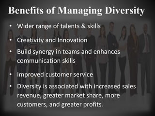 Benefits of Managing Diversity
• Wider range of talents & skills
• Creativity and Innovation
• Build synergy in teams and ...