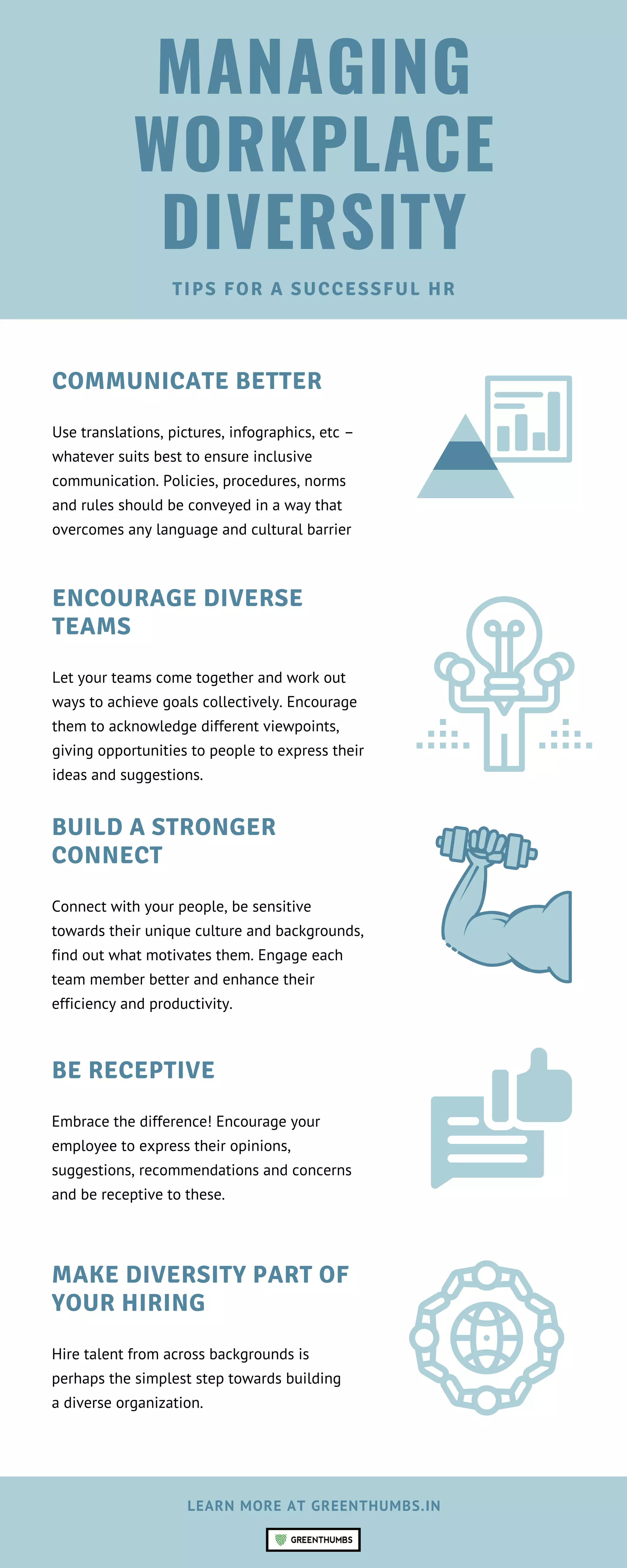 MANAGING
WORKPLACE
DIVERSITY
TIPS FOR A SUCCESSFUL HR
ENCOURAGE DIVERSE
TEAMS
Let your teams come together and work out
ways to achieve goals collectively. Encourage
them to acknowledge different viewpoints,
giving opportunities to people to express their
ideas and suggestions.
BUILD A STRONGER
CONNECT
Connect with your people, be sensitive
towards their unique culture and backgrounds,
find out what motivates them. Engage each
team member better and enhance their
efficiency and productivity.
COMMUNICATE BETTER
Use translations, pictures, infographics, etc –
whatever suits best to ensure inclusive
communication. Policies, procedures, norms
and rules should be conveyed in a way that
overcomes any language and cultural barrier
MAKE DIVERSITY PART OF
YOUR HIRING
Hire talent from across backgrounds is
perhaps the simplest step towards building
a diverse organization.
BE RECEPTIVE
Embrace the difference! Encourage your
employee to express their opinions,
suggestions, recommendations and concerns
and be receptive to these.
LEARN MORE AT GREENTHUMBS.IN