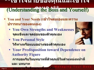 You and Your Needs ( เข้าใจตนเองและความปรารถนาของตนเอง ) You Own Strengths and Weaknesses   จุดแข็งและจุดอ่อนของตัวคุณเอง You Personal Style   วิถีทางหรือแบบอย่างของตัวคุณเอง  Your Predisposition toward Dependence on Authority Figure   การยอมรับในบทบาทที่ตัวคุณมีในตำแหน่งหน้าที่ และ บทบาท   ของนายในลักษณะพึ่งพากัน ** เข้าใจนายของคุณและเข้าใจตนเอง ** (Understanding the Boss and Yourself) 