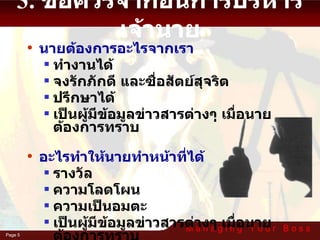 3. ข้อควรจำก่อนการบริหารเจ้านาย นายต้องการอะไรจากเรา ทำงานได้ จงรักภักดี และซื่อสัตย์สุจริต ปรึกษาได้ เป็นผู้มีข้อมูลข่าวสารต่างๆ เมื่อนายต้องการทราบ อะไรทำให้นายทำหน้าที่ได้ รางวัล ความโลดโผน ความเป็นอมตะ เป็นผู้มีข้อมูลข่าวสารต่างๆ เมื่อนายต้องการทราบ 