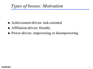Types of bosses: Motivation


           Achievement-driven: task-oriented
           Affiliation-driven: friendly
           Power-driven: empowering or disempowering




Hay/McBer                     9708-3684-STFM-PC         11
 