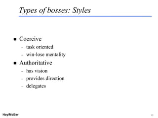Types of bosses: Styles


           Coercive
            –   task oriented
            –   win-lose mentality
           Authoritative
            –   has vision
            –   provides direction
            –   delegates




Hay/McBer                            9708-3684-STFM-PC   12
 