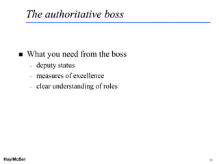 The authoritative boss


           What you need from the boss
            –   deputy status
            –   measures of excellence
            –   clear understanding of roles




Hay/McBer                            9708-3684-STFM-PC   18
 