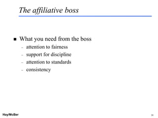 The affiliative boss


           What you need from the boss
            –   attention to fairness
            –   support for discipline
            –   attention to standards
            –   consistency




Hay/McBer                                9708-3684-STFM-PC   20
 