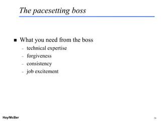 The pacesetting boss


           What you need from the boss
            –   technical expertise
            –   forgiveness
            –   consistency
            –   job excitement




Hay/McBer                             9708-3684-STFM-PC   24
 