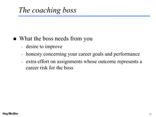 The coaching boss


           What the boss needs from you
            –   desire to improve
            –   honesty concerning your career goals and performance
            –   extra effort on assignments whose outcome represents a
                career risk for the boss




Hay/McBer                           9708-3684-STFM-PC                    25
 