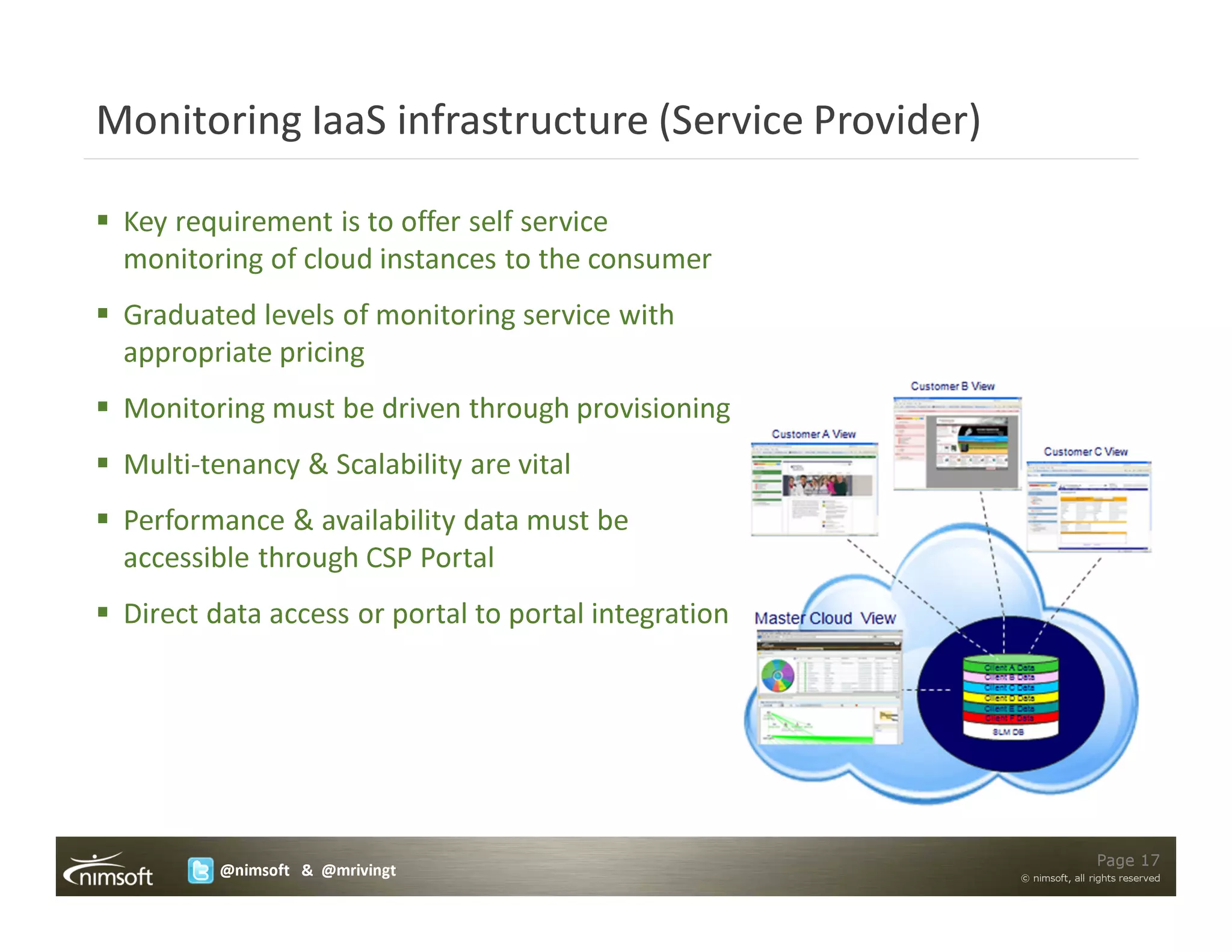 Monitoring IaaS infrastructure (Service Provider)

 Key requirement is to offer self service
 monitoring of cloud instances to the consumer
 Graduated levels of monitoring service with
 appropriate pricing
 Monitoring must be driven through provisioning
 Multi-tenancy & Scalability are vital
 Performance & availability data must be
 accessible through CSP Portal
 Direct data access or portal to portal integration




                                                                      Page 17
        @nimsoft & @mrivingt                          © nimsoft, all rights reserved
 