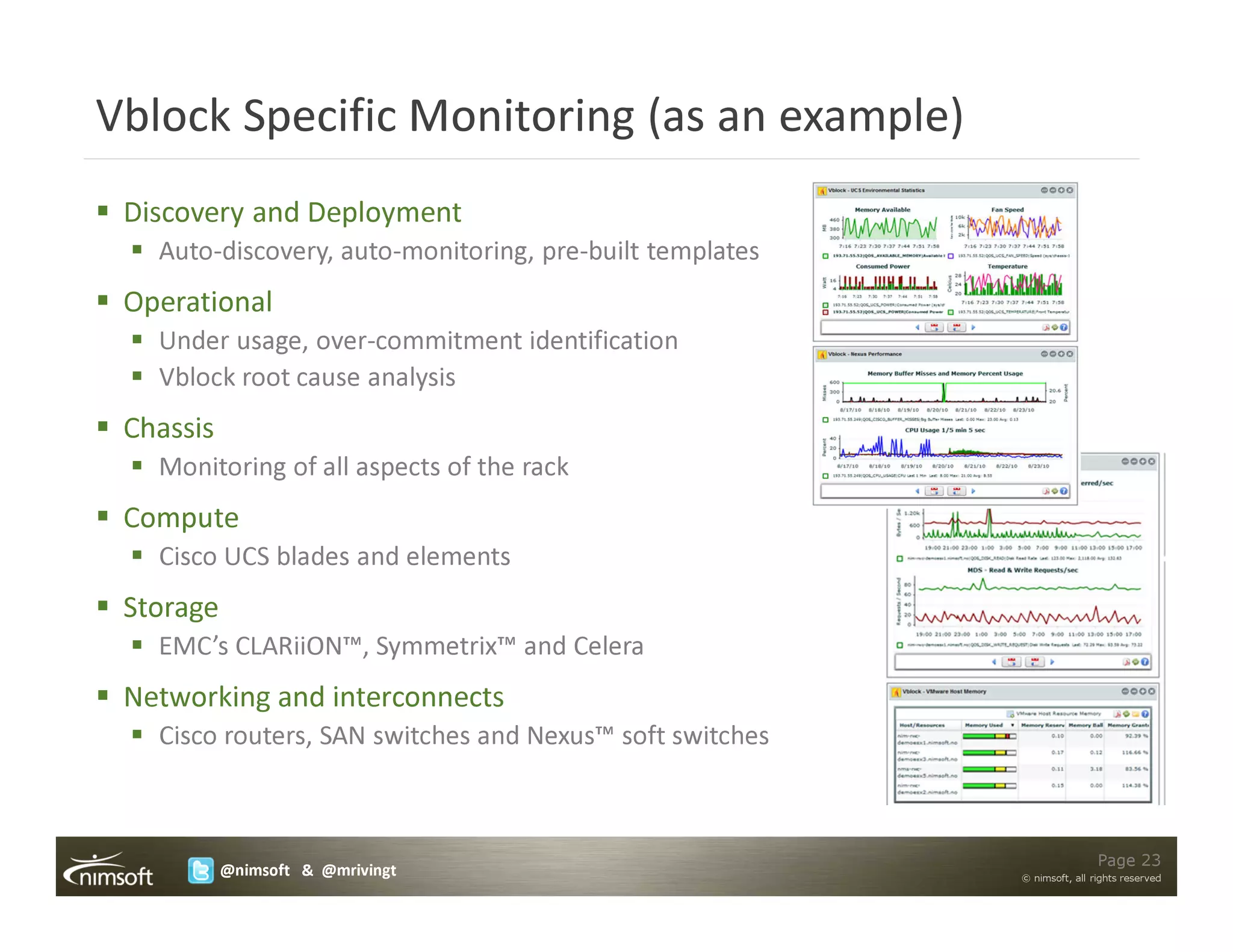 Vblock Specific Monitoring (as an example)
 Discovery and Deployment
   Auto-discovery, auto-monitoring, pre-built templates
 Operational
   Under usage, over-commitment identification
   Vblock root cause analysis
 Chassis
   Monitoring of all aspects of the rack
 Compute
   Cisco UCS blades and elements
 Storage
   EMC’s CLARiiON™, Symmetrix™ and Celera
 Networking and interconnects
   Cisco routers, SAN switches and Nexus™ soft switches



                                                                          Page 23
           @nimsoft & @mrivingt                           © nimsoft, all rights reserved
 