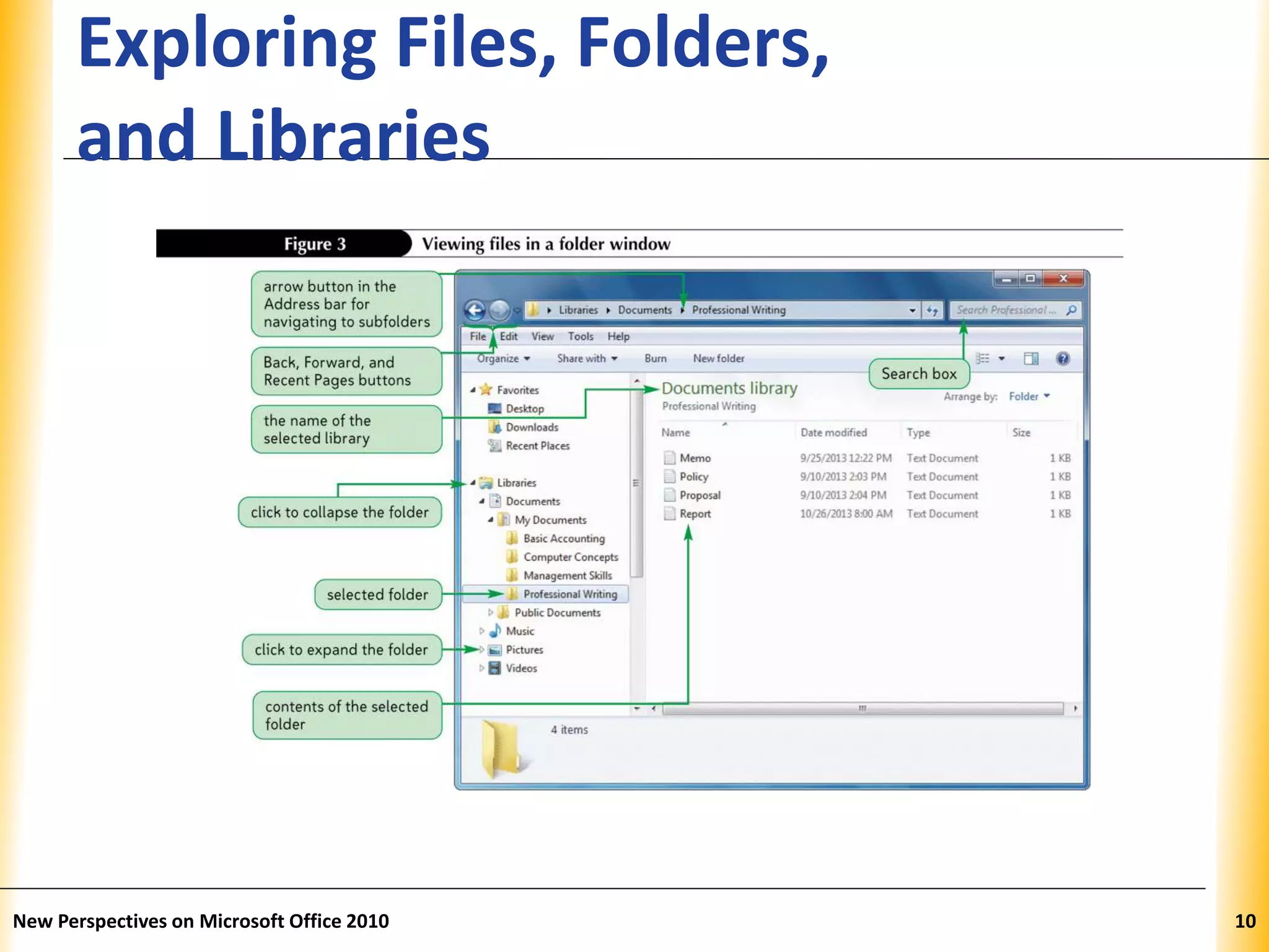 XPXPXP
Exploring Files, Folders,
and Libraries
New Perspectives on Microsoft Office 2010 10
 