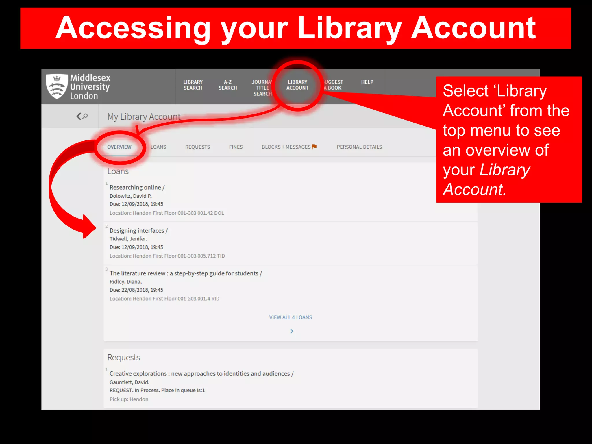 Accessing your Library Account
Select ‘Library
Account’ from the
top menu to see
an overview of
your Library
Account.
 