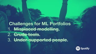 Challenges for ML Portfolios
1. Misplaced modelling.
2. Crude tools.
3. Under-supported people.
 