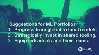 Suggestions for ML Portfolios
1. Progress from global to local models.
2. Strategically invest in shared tooling.
3. Equip individuals and their teams.
 
