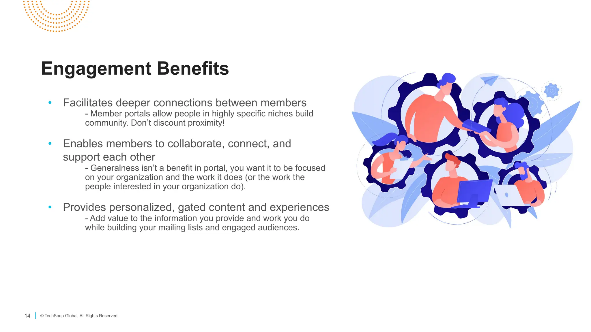 14 © TechSoup Global. All Rights Reserved.
Engagement Benefits
• Facilitates deeper connections between members
- Member portals allow people in highly specific niches build
community. Don’t discount proximity!
• Enables members to collaborate, connect, and
support each other
- Generalness isn’t a benefit in portal, you want it to be focused
on your organization and the work it does (or the work the
people interested in your organization do).
• Provides personalized, gated content and experiences
- Add value to the information you provide and work you do
while building your mailing lists and engaged audiences.
 
