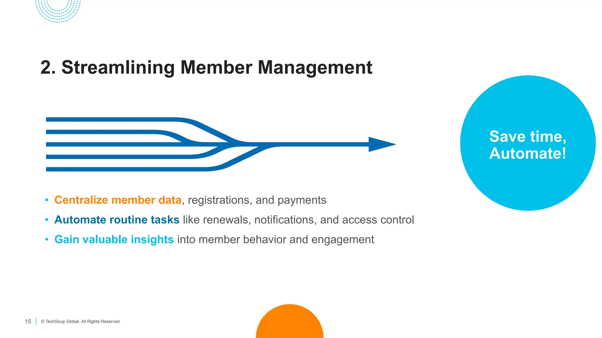 15 © TechSoup Global. All Rights Reserved.
2. Streamlining Member Management
• Centralize member data, registrations, and payments
• Automate routine tasks like renewals, notifications, and access control
• Gain valuable insights into member behavior and engagement
Save time,
Automate!
 