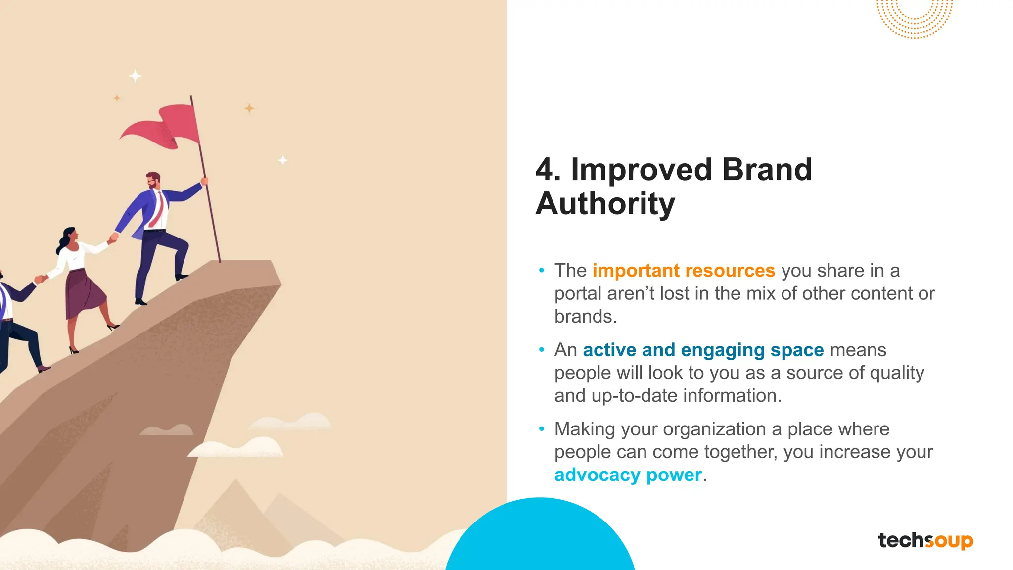 4. Improved Brand
Authority
• The important resources you share in a
portal aren’t lost in the mix of other content or
brands.
• An active and engaging space means
people will look to you as a source of quality
and up-to-date information.
• Making your organization a place where
people can come together, you increase your
advocacy power.
 