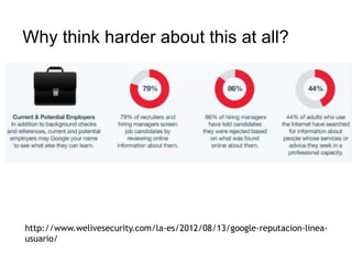 Why think harder about this at all? 
http://www.welivesecurity.com/la-es/2012/08/13/google-reputacion-linea-usuario/ 
 
