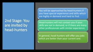 2nd Stage: You
are invited by
head-hunters
You will be approached by head-hunters if
you have special experience and skills which
are highly in demand and hard to find.
Head-hunters will not contact you if your
skills are not in demand, or if there are many
other professionals with similar experience.
In general, head-hunters will offer you jobs
which are better than your current one.
 