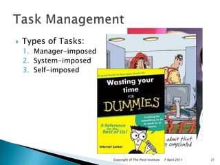 Types of Tasks:<br />Manager-imposed<br />System-imposed<br />Self-imposed<br />29 March 2011<br />Copyright of The Pivot ...